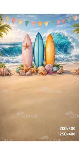 Tło fotograficzne „Kolorowe deski surfingowe z muszlami i falą oceanu” | 4057